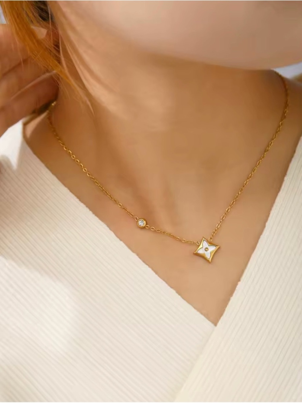 Gold Star Pendant Necklace with White Inlay - Women Jewelry